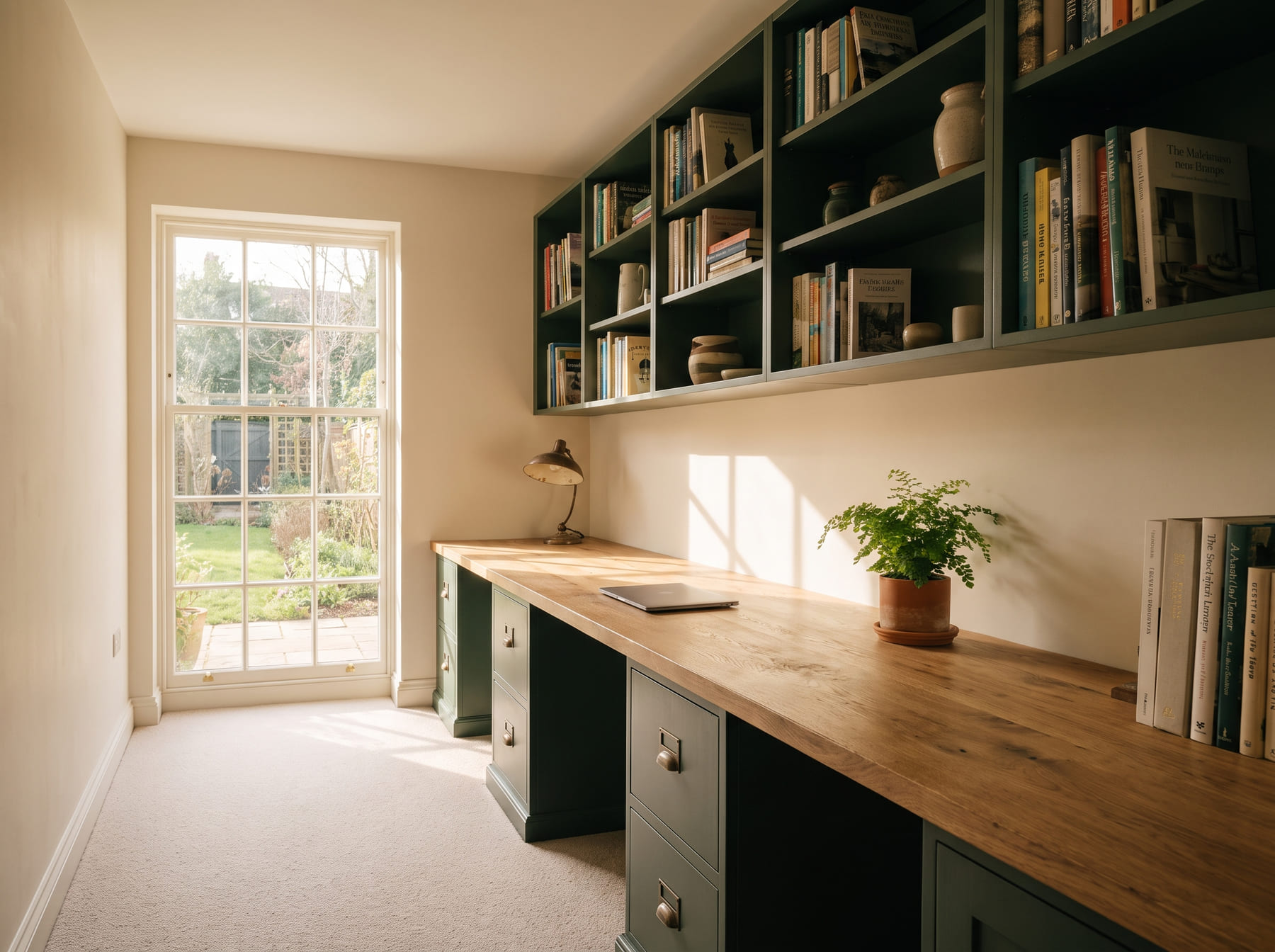 Custom home office built-in with a wall to wall wood desk top, shelving above and file drawers below